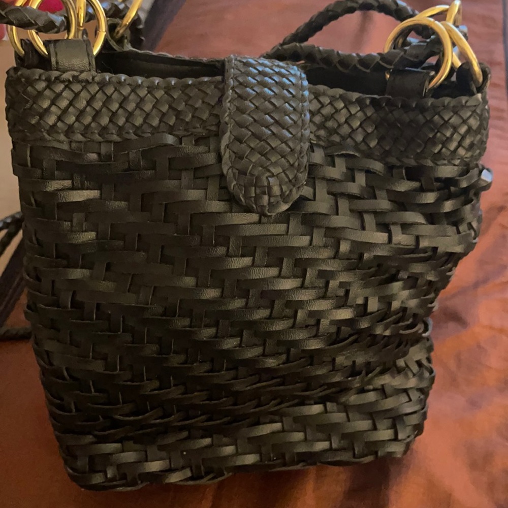 Handbag, Black Basket Weave Shoulder Bag, Faux Leather, Vintage
